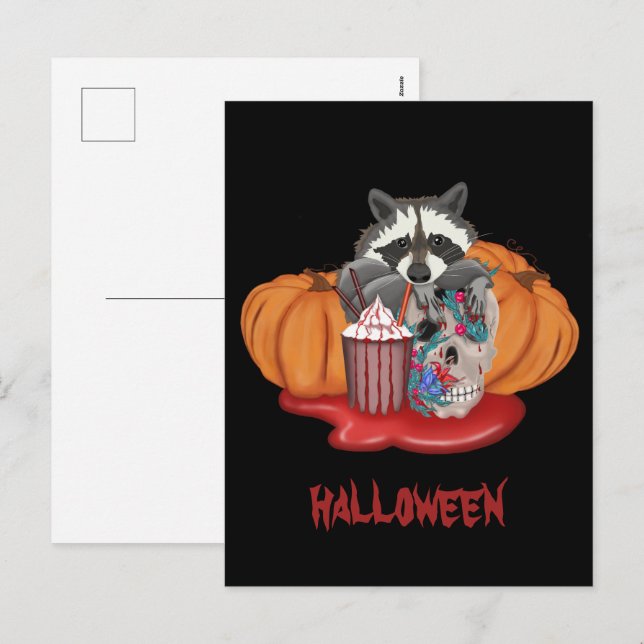 Postal Festiva Raccoon de Halloween con calavera y calabazas (Anverso / Reverso)