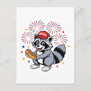 Postal Festiva Raccoon Funny 4 De Julio Patriótico Cute Blanco Ro
