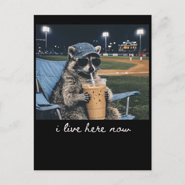 Postal Festiva Raccoon I Live Here Now Shirt Raccoon Drinking Ice (Anverso)