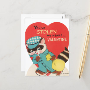 Postal Festiva Raccoon retro lindo corazón robado Valentín