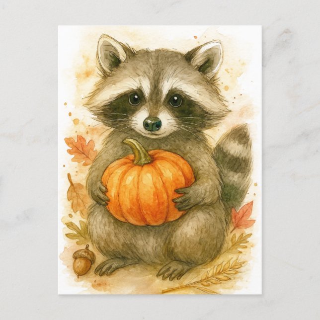 Postal Festiva Raccoon with Pumpkin Thanksgiving Postcard (Anverso)