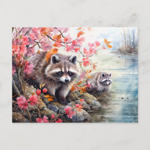 Postal Festiva Raccoons cerca de la escena del estanque de otoño