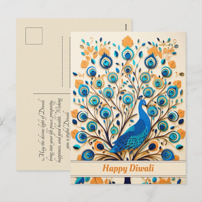 Postal Festiva 🦚 Radiant Peacock Diwali Blessings (Anverso / Reverso)