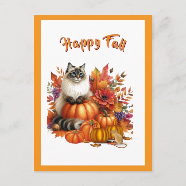 Postal Festiva Ragdoll Cat and Pumpkins Happy Fall (Anverso)