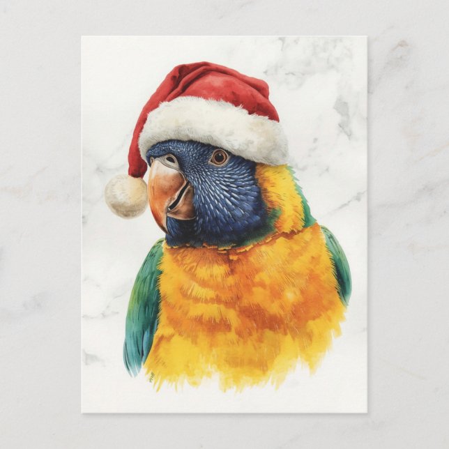 Postal Festiva Rainbow Lorikeet in Santa Hat Watercolor (Anverso)