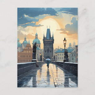 Postal Festiva Rainy Sunset Walk sobre el Puente Carlos