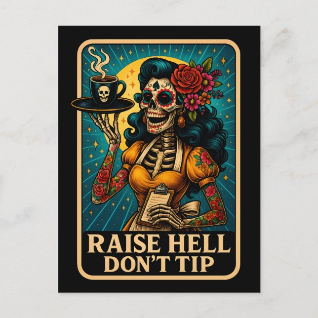 Postal Festiva Raise Hell Skeleton Waitress Retro (Anverso)