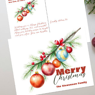 Postal Festiva Rama de pino elegante con decoraciones navideñas