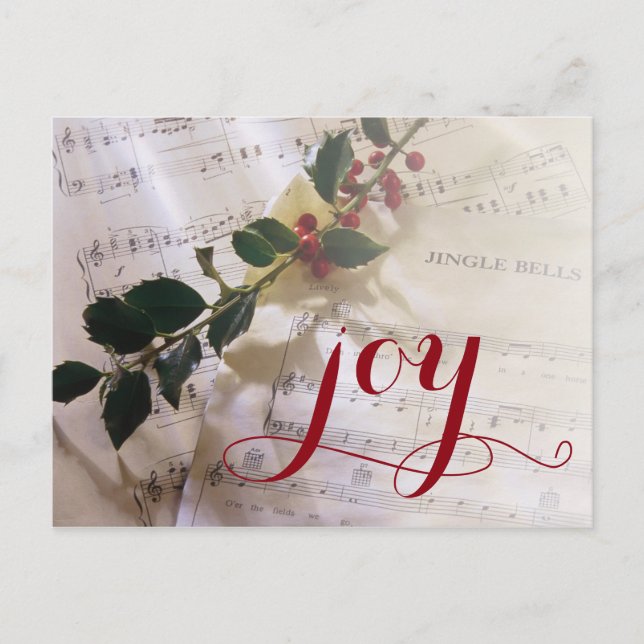 Postal Festiva Rama Holly encima de la partitura para Navidades (Anverso)