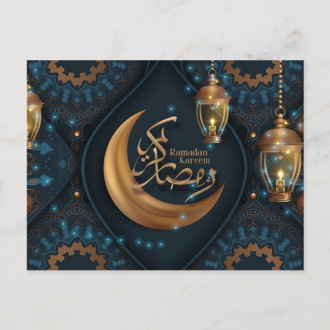 Postal Festiva Ramadan Mubarak Patrón árabe de media luna de oro  (Anverso)