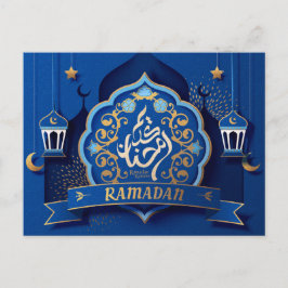 Postal Festiva Ramadan Mubarak Patrón de caligrafía árabe Azul