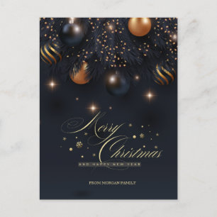 Postal Festiva Ramas de árbol de pino, balls Black Merry Christma
