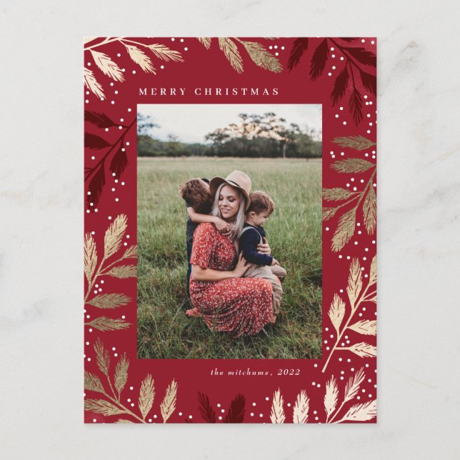 Postal Festiva Ramas de Relieve metalizado dorado Fotos navideñas (Anverso)