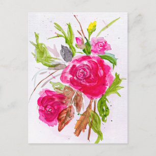 Postal Festiva Ramo de rosas rojas de jardín al acuarela