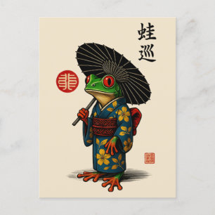 Postal Festiva Rana de Edo en Kimono con Parasol