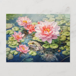 Postal Festiva Rana sentada entre las nenúfares florecientes