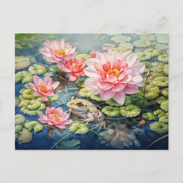 Postal Festiva Rana sentada entre las nenúfares florecientes (Anverso)
