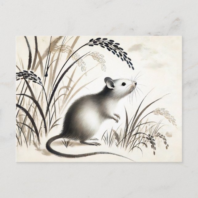 Postal Festiva Rata de ciruela bajo planta de arroz zodiaco de ti (Anverso)