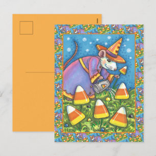 POSTAL FESTIVA RATÓN BLANCO EN JARDÍN DE CABALLO, COLORIDO Y CUTI