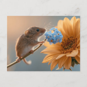 Postal Festiva Ratón de Cosecha Adorable Olfateando Miosotis Azul
