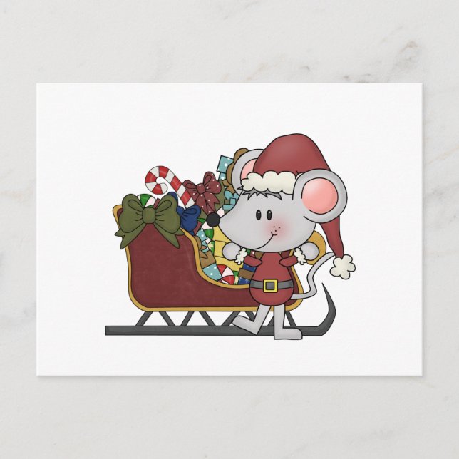 Postal Festiva Ratón Santa con trineo (Anverso)