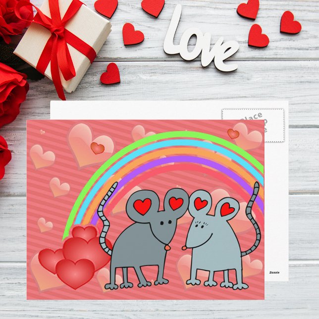 Postal Festiva Ratones en San Valentín de amor (Mice in Love Valentines Holiday Postcard)