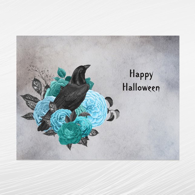 Postal Festiva Raven floral Verde azulado gótico Halloween (Subido por el creador)