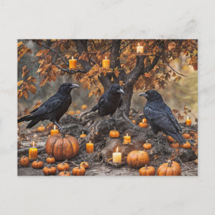 Postal Festiva Raven Halloween con calabazas y velas