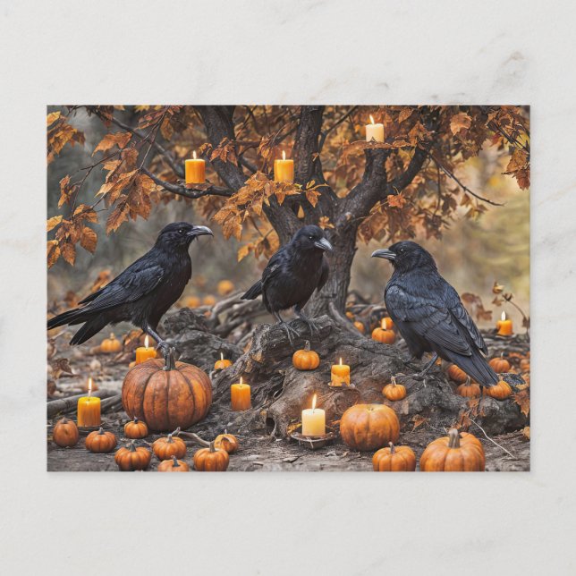 Postal Festiva Raven Halloween con calabazas y velas (Anverso)
