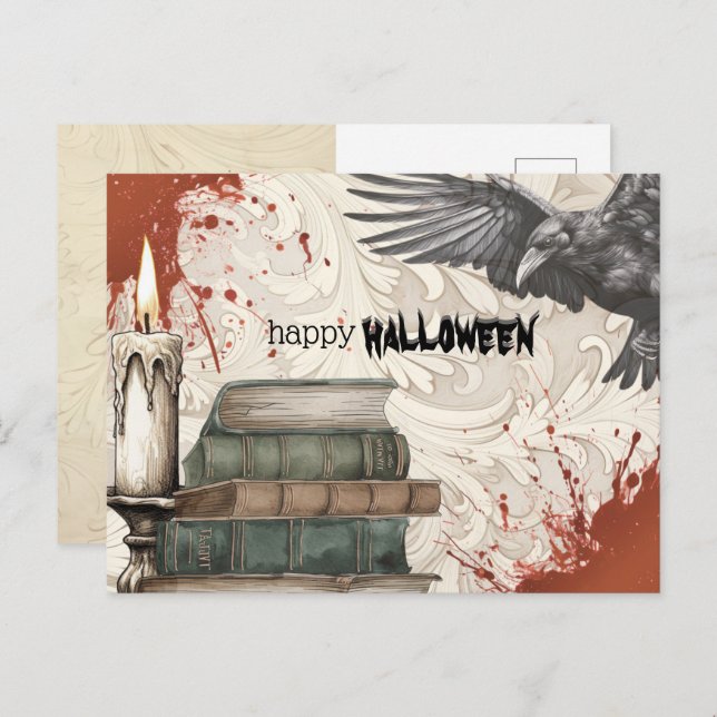 Postal Festiva Raven | Libros | Vela de Halloween (Anverso / Reverso)