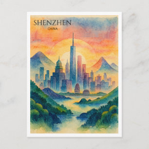 Postal Festiva Recuerdo de acuarela del horizonte de Shenzhen Chi