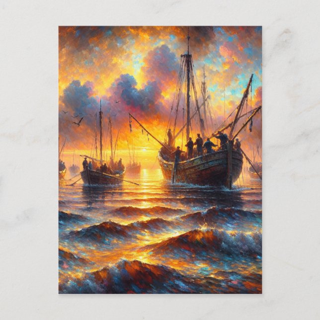 Postal Festiva Recuperación de fuego de pescadores al atardecer (Anverso)