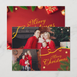 Postal Festiva Red and Gold Photo Family Merry Christmas Happy