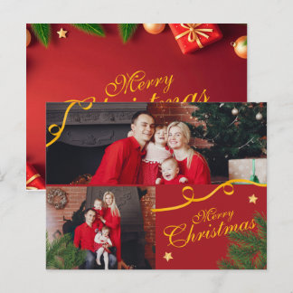 Postal Festiva Red and Gold Photo Family Merry Christmas Happy