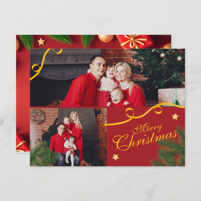Postal Festiva Red and Gold Photo Family Merry Christmas Happy (Anverso / Reverso)