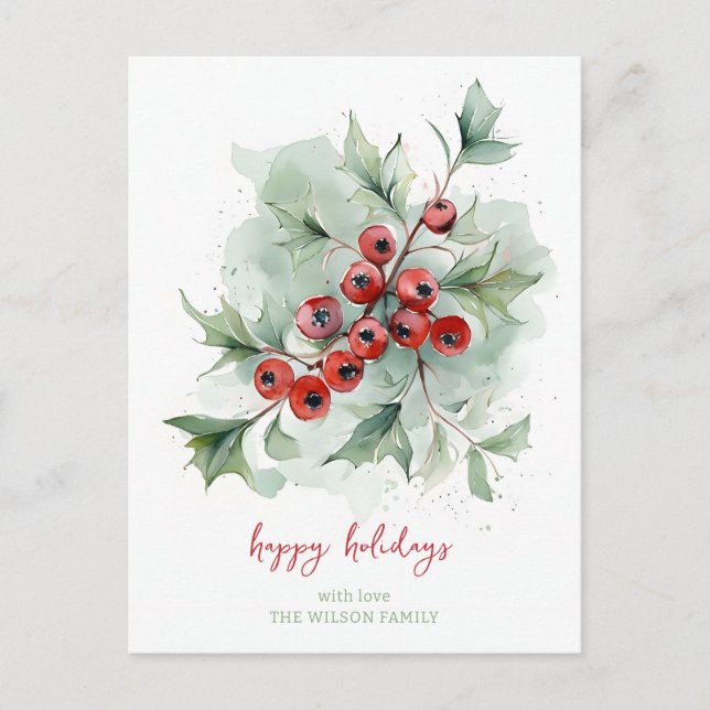 Postal Festiva Red Berries Botanical Watercolor Christmas (Anverso)
