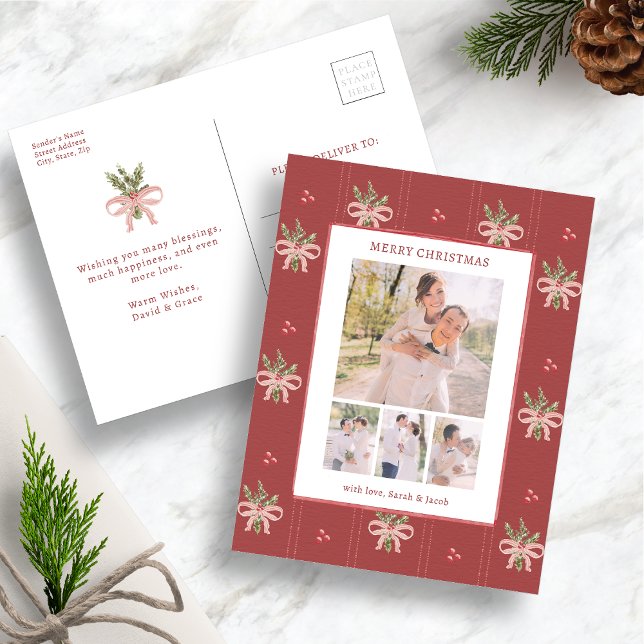 Postal Festiva Red Botanical Christmas Photo Postcard (Vintage Botanical Photo Christmas Postcard Watercolor Holly & Red Bow Design by Painted Paperie)