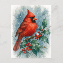 Postal Festiva Red Cardinal on Winter Holly Christmas Postcard