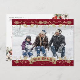 Postal Festiva Red Gold Holly Berries Photo Happy New Year
