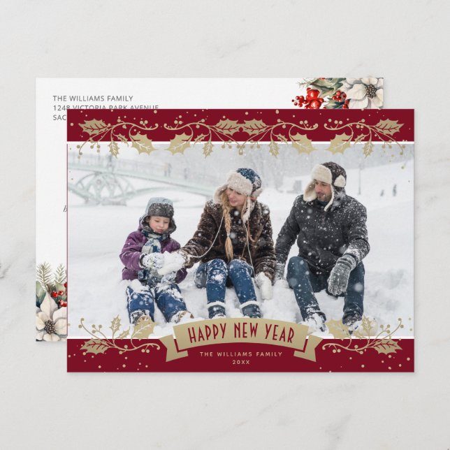 Postal Festiva Red Gold Holly Berries Photo Happy New Year (Anverso / Reverso)