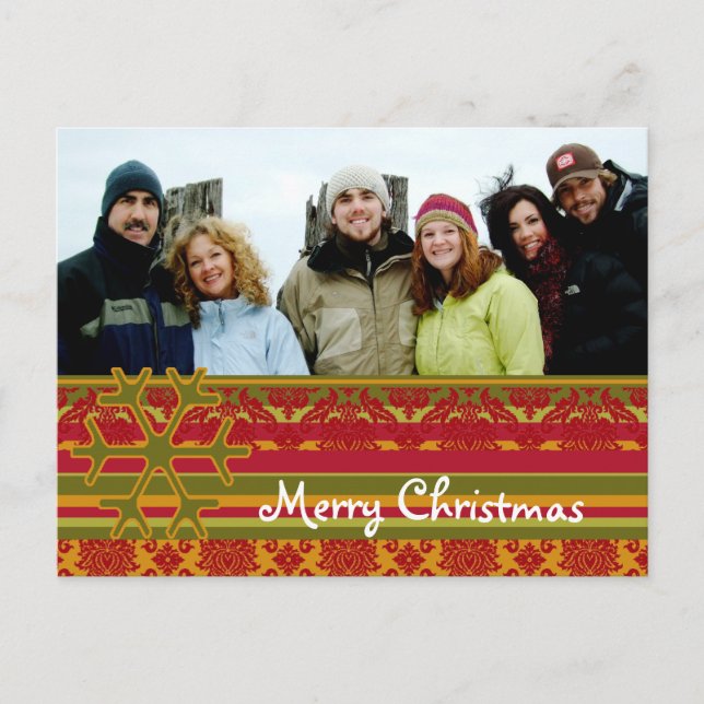 Postal Festiva Red Green Damask Merry Christmas Postcard (Anverso)