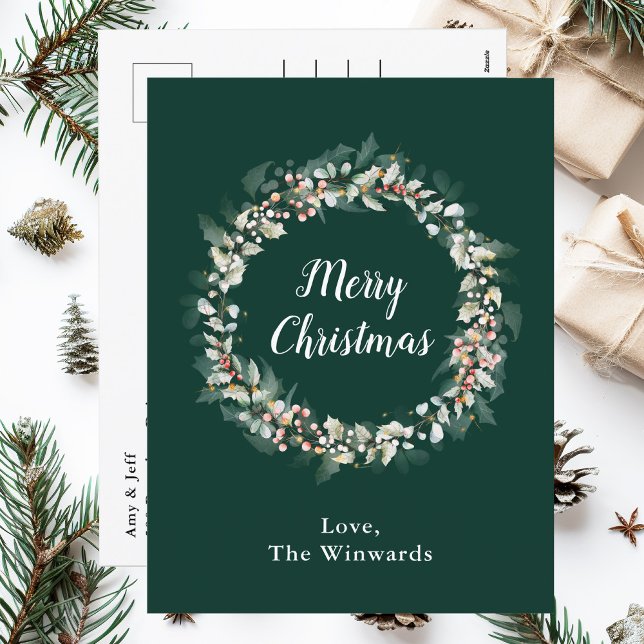 Postal Festiva Red Holly Wreath Merry Christmas (Subido por el creador)