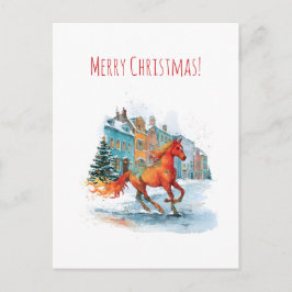 Postal Festiva Red horse galloping through a snowy, Christmas