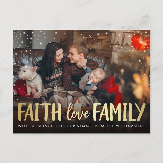 Postal Festiva Red Plaid & Gold Faith Navidades familiares de amo (Anverso)