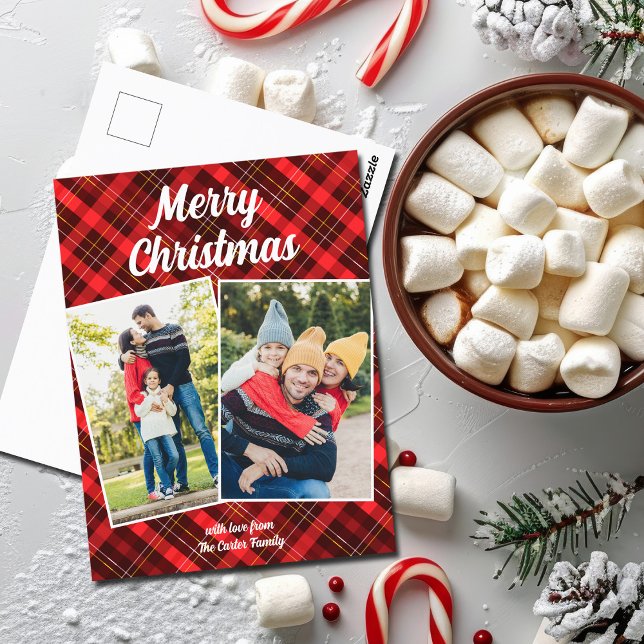Postal Festiva Red Plaid Tartan Merry Christmas 2 Family Photo (Subido por el creador)