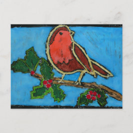 Postal Festiva Red Robin, navidades de Green Holly Red Berries