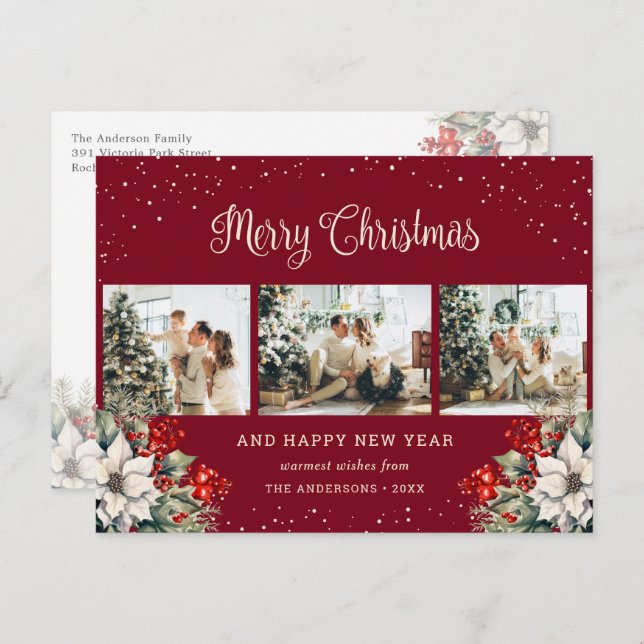 Postal Festiva Red Watercolor Botanical Snow Photo Collage (Anverso / Reverso)