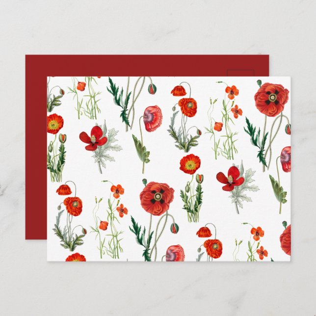 Postal Festiva Red Watercolor Poppies Florals (Anverso / Reverso)