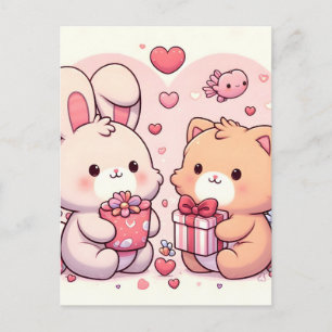 Postal Festiva Regalo de amor de conejo y oso Kawaii adorable de