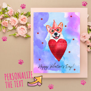Postal Festiva Regalo de San Valentín para Perro Corgi Morado Azu
